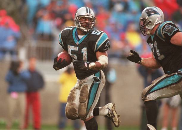 Linebacker Sam Mills carries the football after a turn over during the Panthers 24-0 win over the Tampa Bay Buccaneers at...