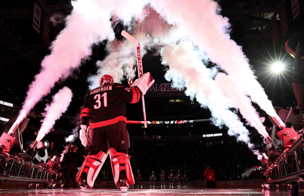 Frederik Andersen of the Carolina Hurricanes is introduced prior to their game against the Ottawa Senators at PNC Arena on October 11, 2023 in...