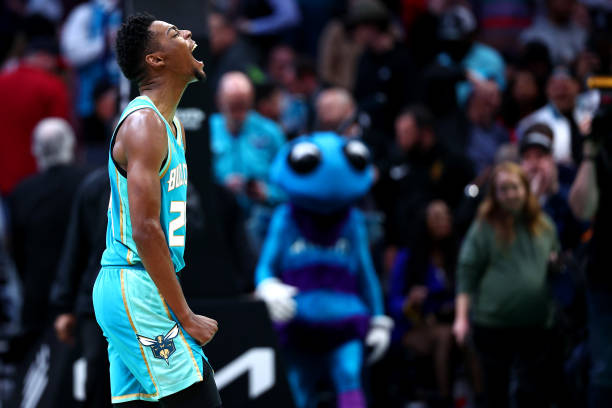 Brandon Miller of the Charlotte Hornets reacts following their win over the Cleveland Cavaliers at Spectrum Center on March 27, 2024 in Charlotte,...