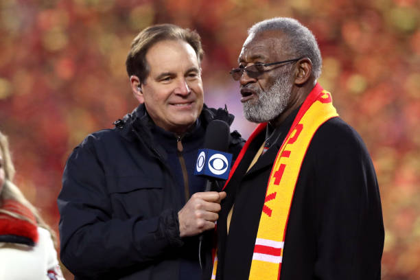 Commentator Jim Nantz and NFL Hall of Famer Bobby Bell speak after the AFC Championship Game between the Kansas City Chiefs and the Tennessee Titans...