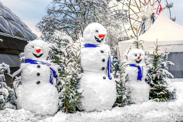 beautiful, colorful and cold winter snowman, with snow, trees and frost - carowinds amusement park winter stock pictures, royalty-free photos & images