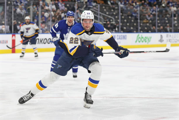 Logan Brown of the St. Louis Blues skates against the Toronto Maple Leafs during an NHL game at Scotiabank Arena on February 19, 2022 in Toronto,... North Carolina Sports