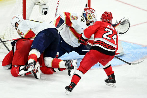 Sergei Bobrovsky of the Florida Panthers tends goal as a shot hits the post against the Carolina Hurricanes during overtime in Game One of the...