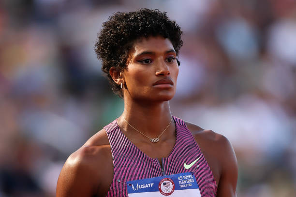 Anna Cockrell looks on ahead of competing in the women's 400 meter hurdles final on Day Ten of the 2024 U.S. Olympic Team Track & Field Trials at...