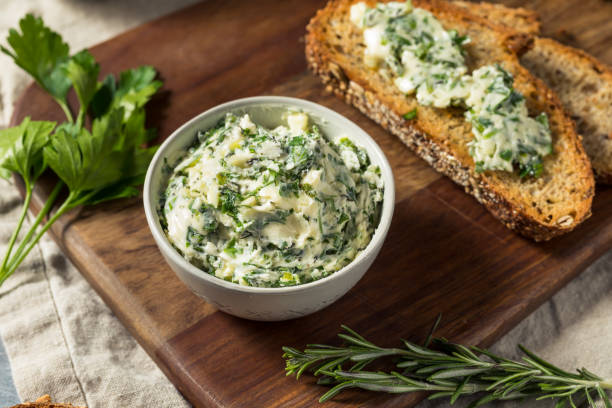 healthy homemade herb butter and bread - garlic butter ingredients stock pictures, royalty-free photos & images