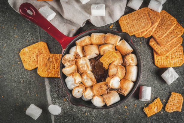 indoor s’mores, baked s’mores dip - smores skilelt stock pictures, royalty-free photos & images