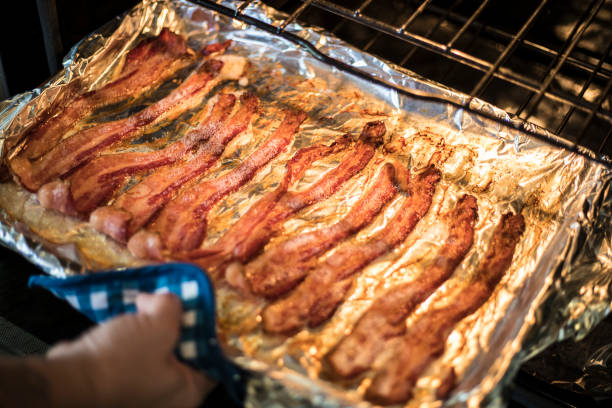 bacon - oven bacon stock pictures, royalty-free photos & images