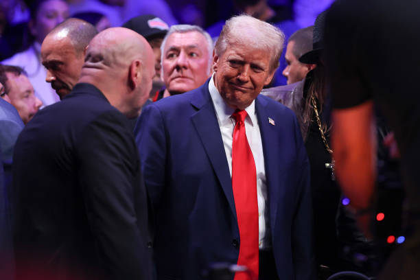 President-elect Donald Trump talks with Dana White during the UFC 309 event at Madison Square Garden on November 16, 2024 in New York City.