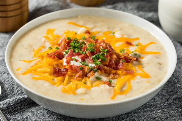 savory homemade baked potato soup - potato cheddar soup stock pictures, royalty-free photos & images