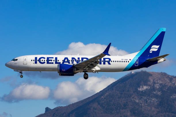 icelandair landing with a boeing 737 max8 aeroplane in salzburg, austria transporting winter tourists to the alps - icelandair stock pictures, royalty-free photos & images