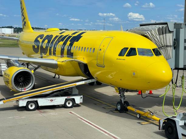 yellow spirit jet at airport - spirit airline stock pictures, royalty-free photos & images