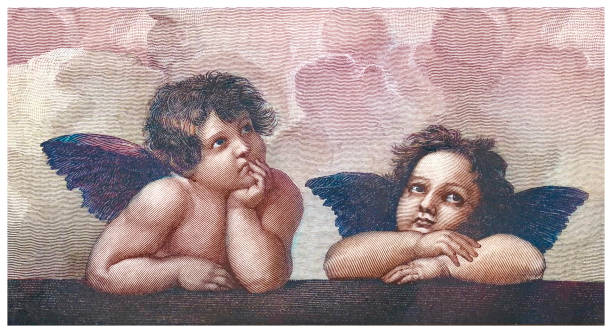 raphaels angels - two putti as seen in the painting sistine madonna by raphael 1881 - history of valentines stock illustrations